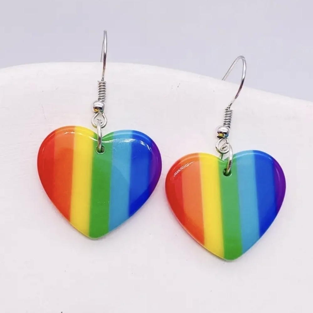 🌈 Earrings--Colorful Striped Rainbow Heart Dangle Earrings